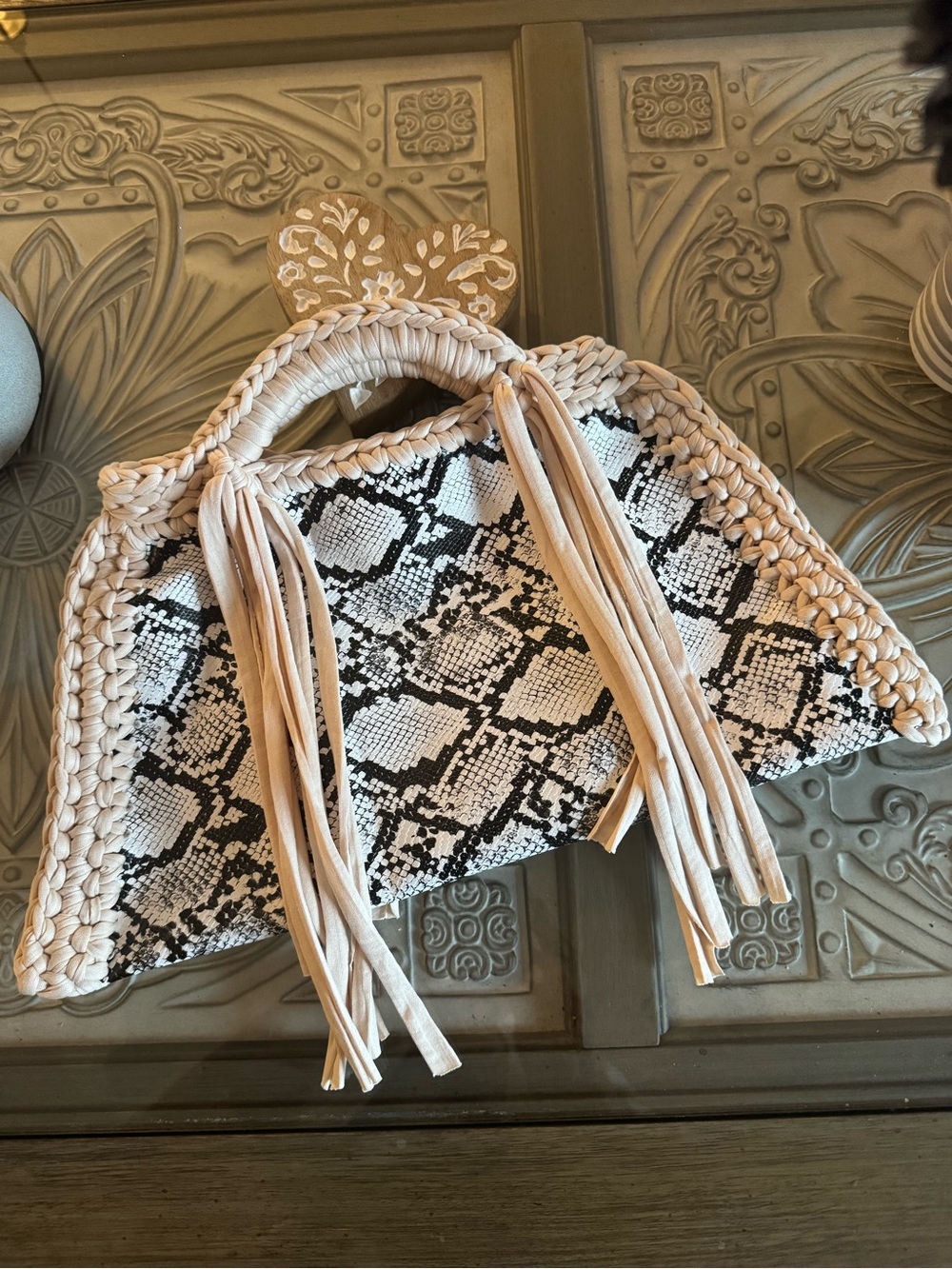 Bonita Bolos Fringed Woven Tote Bag in Black and Cream by Yvonne